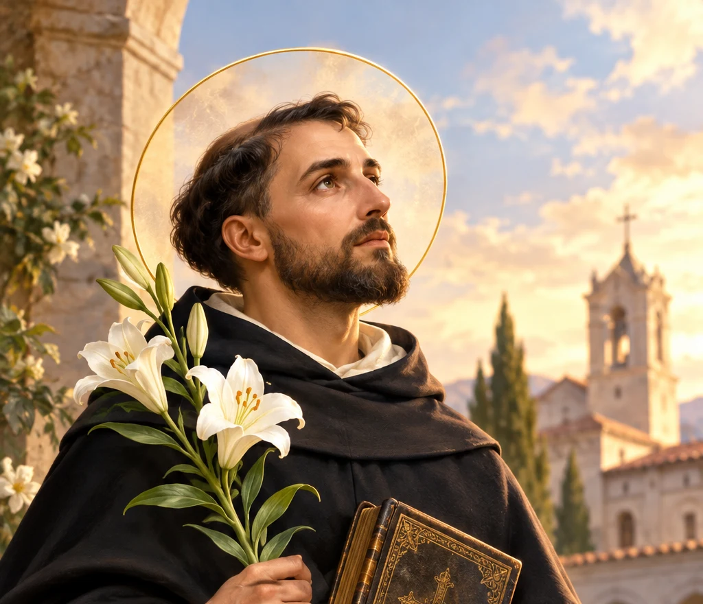 Saint Dominic in a black hooded Dominican habit over a cream tunic, with a golden halo behind his head, holding a stem of white lilies and a gilded gospel book with a rosary and crucifix, in a sunlit cloister courtyard with arched arcades, cypress trees, and a stone church tower