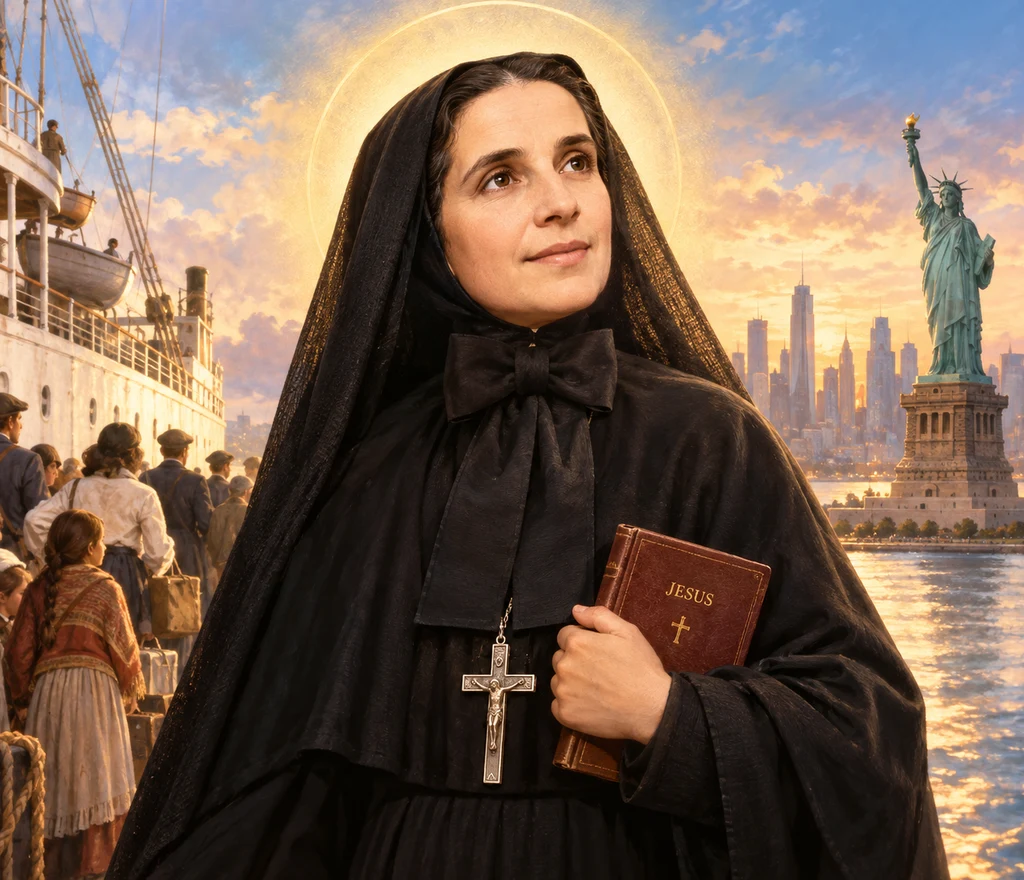 Saint Frances Xavier Cabrini in a black habit and veil with a soft golden halo behind her head, holding a burgundy leather book embossed with the word Jesus and a cross, a passenger ship and a crowd of immigrants on the dock behind her, with the Statue of Liberty and the New York harbor in the distance