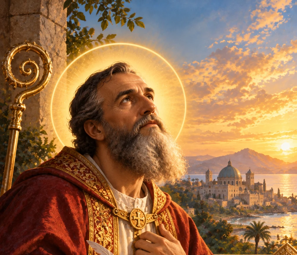 Saint Augustine of Hippo in a crimson and gold bishop's cope, holding a quill over an open book, with his mitre and crozier beside him