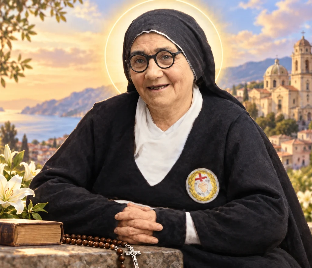Blessed Elena Aiello in a black habit and veil with a golden halo behind her head, her hands clasped on a stone ledge beside a leather-bound book, a rosary, and white lilies, with a hillside town and domed cathedral behind her