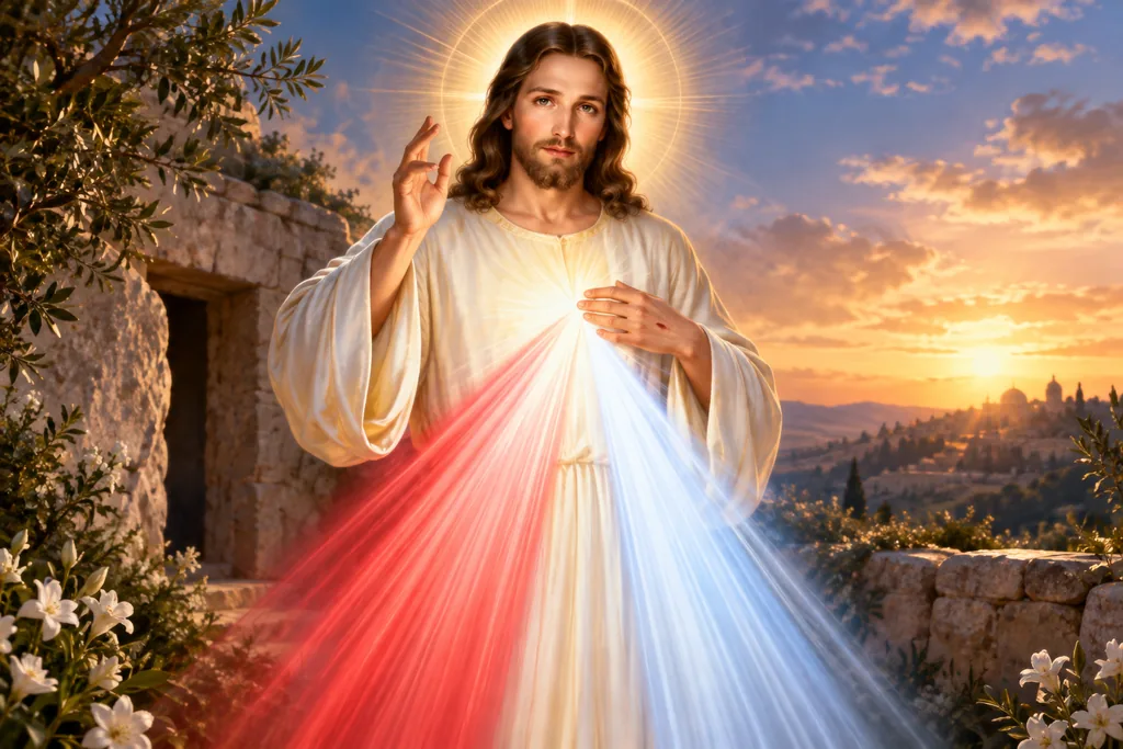 Jesus as the Divine Mercy, His right hand raised in blessing, red and pale blue rays flowing from His heart, an empty tomb and white lilies behind Him at sunrise