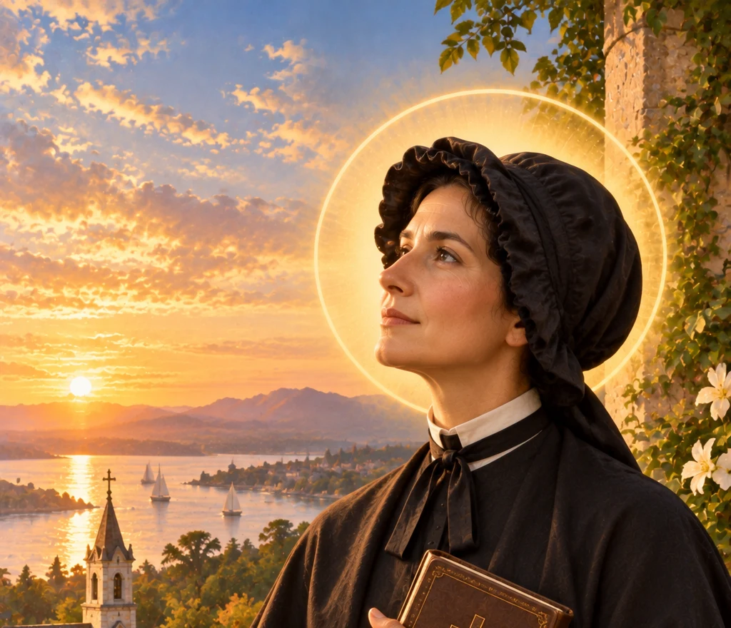 Saint Elizabeth Ann Seton in a black bonnet and habit, holding a gold-cross book and a rosary, with a stone chapel, a garden terrace, and a sunset over the water behind her