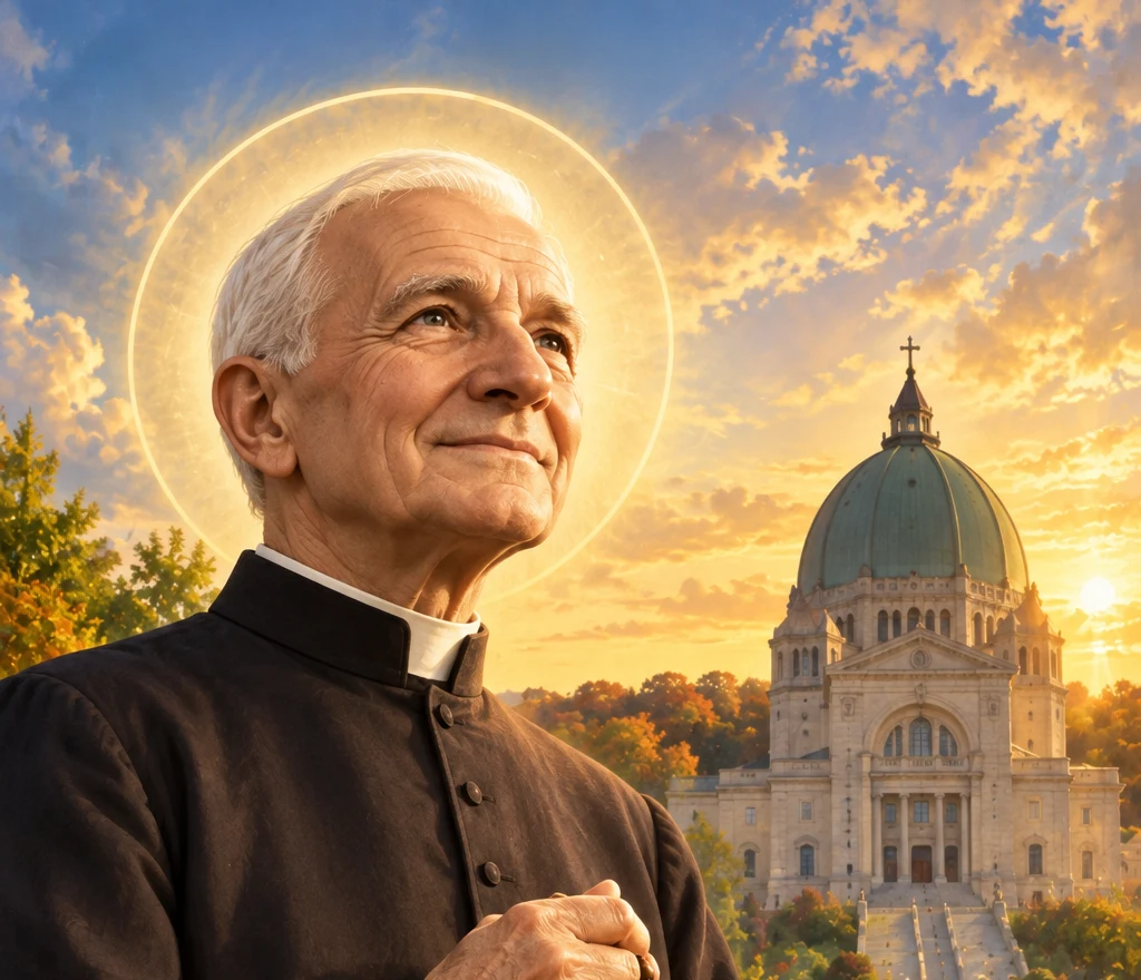 Saint André Bessette in a black cassock holding a rosary, with Saint Joseph's Oratory behind him