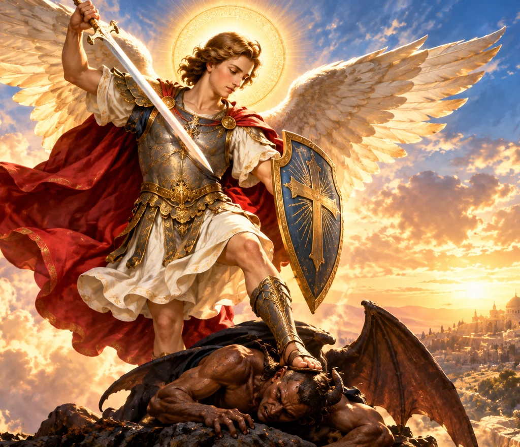 Saint Michael the Archangel in shining armour, standing victorious over the darkness with his sword raised