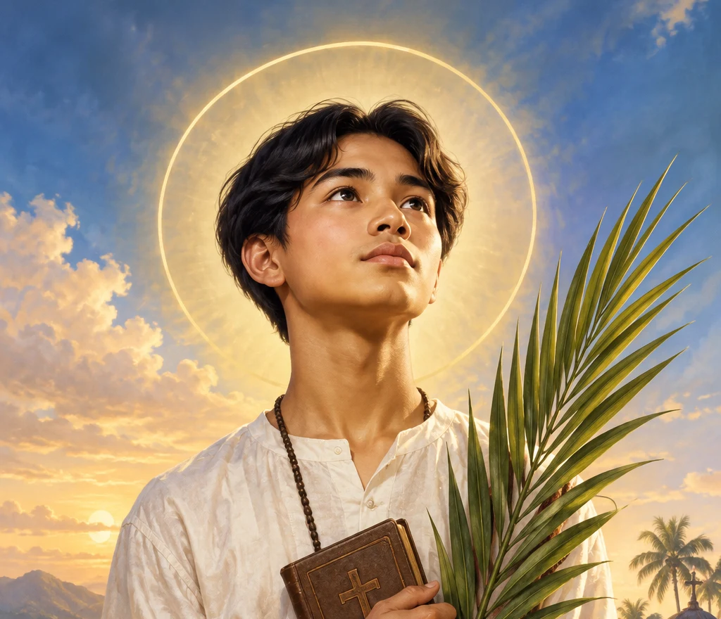 Saint Pedro Calungsod with a golden halo, holding a Bible, a rosary, and a green palm frond
