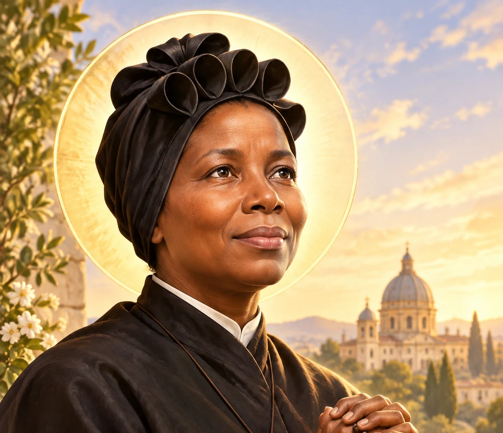 Saint Josephine Bakhita in a black Canossian habit and headwrap with a golden halo behind her head, her hands clasped in prayer with a dark beaded rosary and a crucifix hanging below them, a bronze medallion of the Virgin Mary at her neck, a stone wall covered in white flowers beside her and a domed Italian basilica among cypress trees in the sunset distance