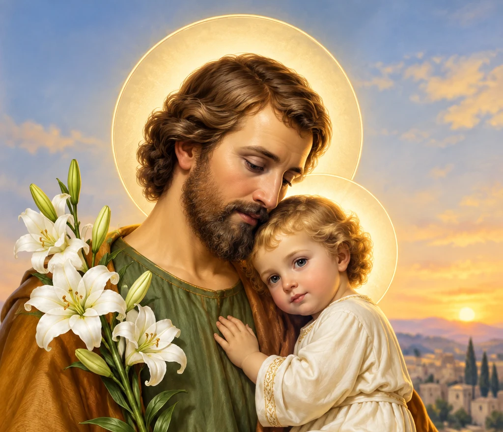 Saint Joseph in an olive-green tunic under a golden-ochre mantle, holding the Christ Child against his chest while the Child rests a hand on it, and carrying a cluster of white lilies with green leaves and closed buds in his other hand, both heads ringed with golden halos before a sunrise sky, rolling hills and a distant stone town among cypress trees
