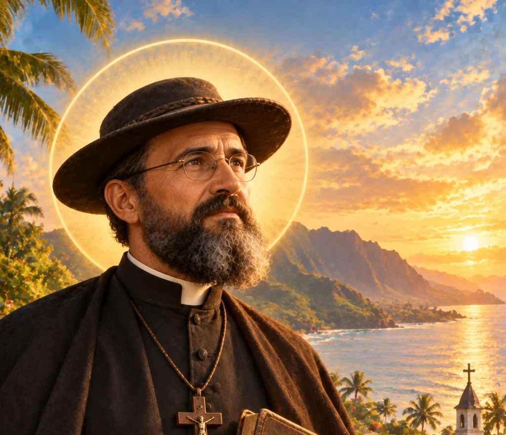 Saint Damien of Molokai in a black cassock and wide-brimmed hat, holding a rosary and a leather-bound book, with a Hawaiian shoreline behind him