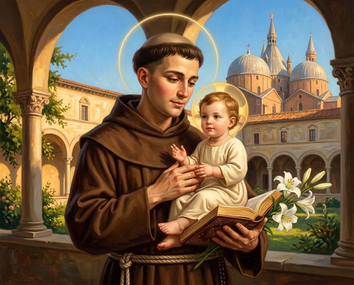 Saint Anthony of Padua in a brown Franciscan habit holding the infant Jesus on an open Gospel book beside white lilies, with golden halos and the basilica of Padua behind them