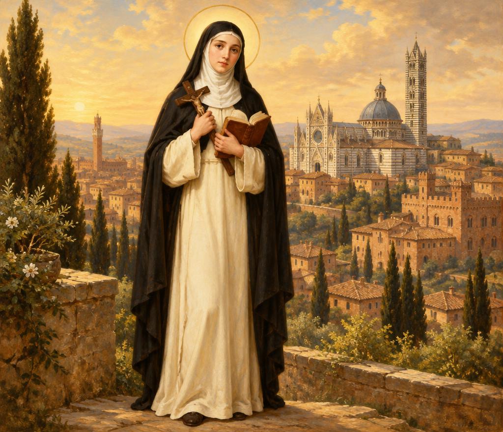 Saint Catherine of Siena in the white habit and black mantle of a Dominican tertiary, holding a small crucifix and an open book, with a golden halo behind her head and sunlit Siena with its striped cathedral and campanile behind her