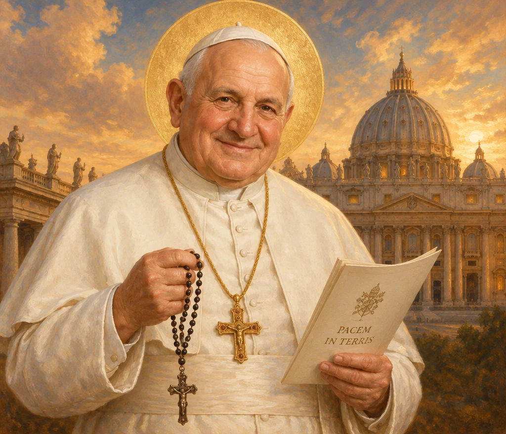 Saint John XXIII in a white papal cassock and white zucchetto with a golden halo behind his head, smiling gently while holding a rosary and an open document, with St. Peter's Basilica and a golden sunset behind him