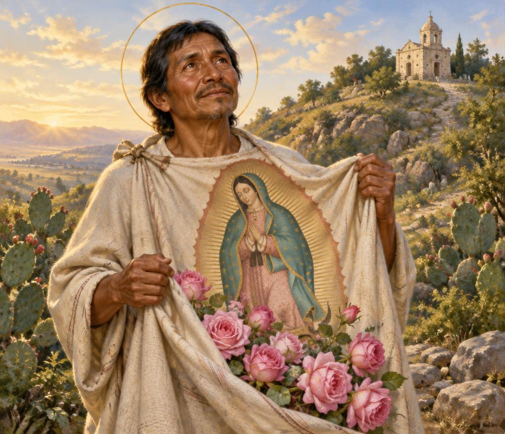 Saint Juan Diego holding his tilma with the image of Our Lady of Guadalupe and pink roses, on the sunlit Tepeyac hillside
