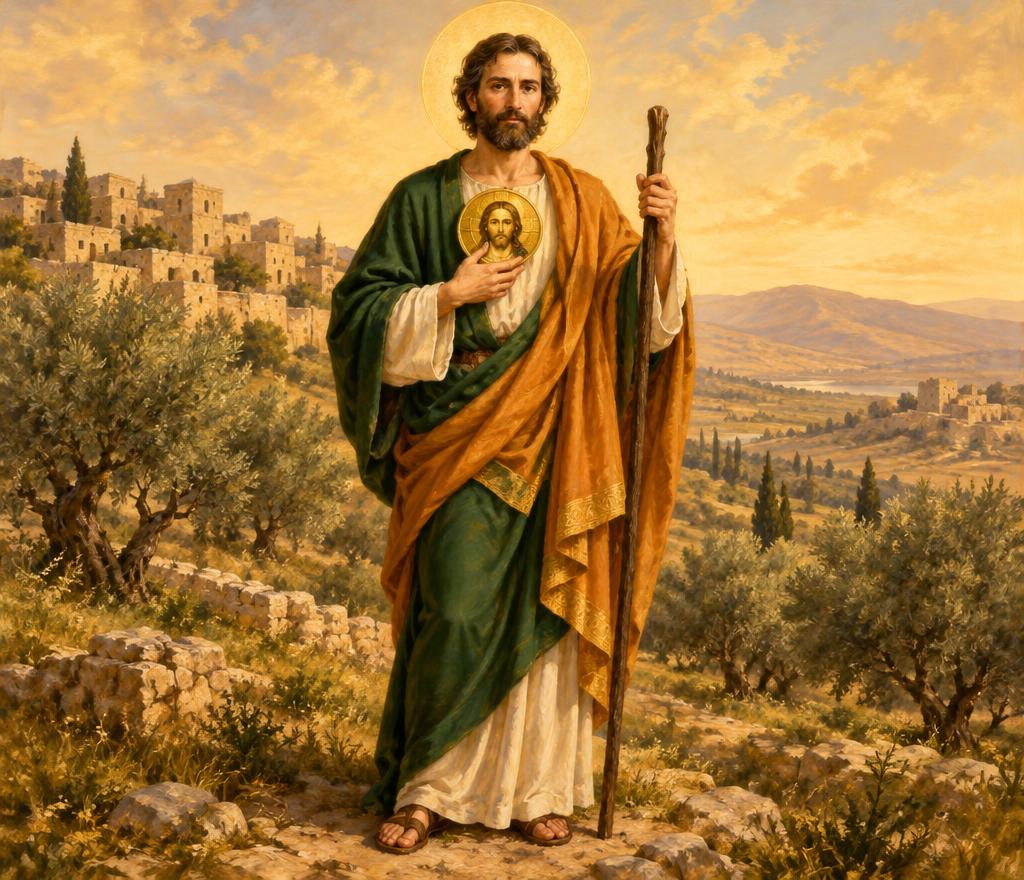 Saint Jude Thaddeus the Apostle in deep green and cream robes with a golden-orange mantle, holding a medallion bearing the face of Christ against his chest and a wooden staff, with a golden halo behind his head and sunlit hills with stone buildings and olive trees behind him