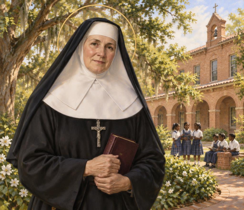 Saint Katharine Drexel in a black habit and white wimple holding a prayer book, with students and a mission school behind her