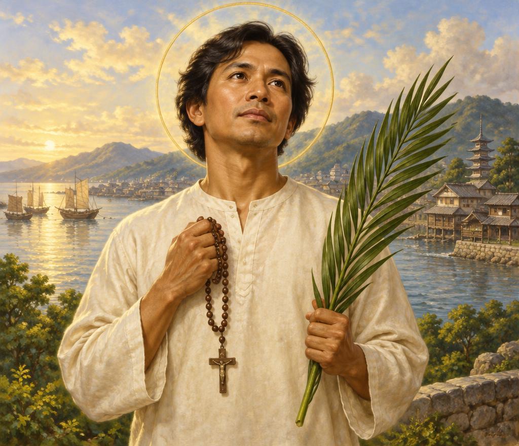 Saint Lorenzo Ruiz holding a rosary and a green martyr's palm before a sunlit Japanese harbor