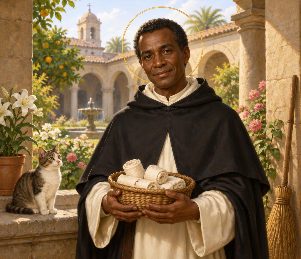 Saint Martin de Porres holding a basket of bandages in a monastery courtyard, with a cat and broom beside him