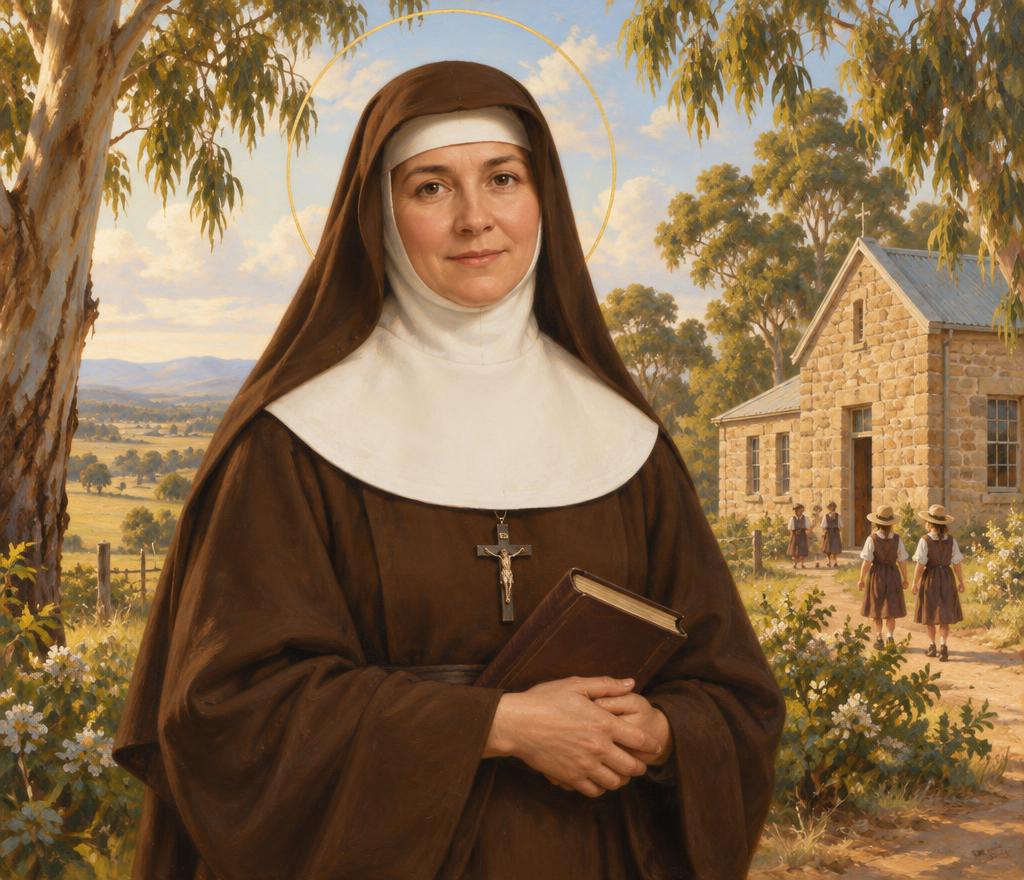 Saint Mary MacKillop in a brown religious habit holding a book, with an Australian school and eucalyptus trees behind her