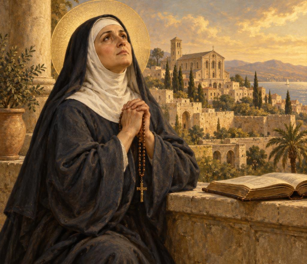 Saint Monica in a dark slate-blue widow's habit and white wimple with a golden halo behind her head, her hands clasped against her chest holding a brown beaded rosary with a crucifix, an open book on a stone ledge beside her, and a sunlit hillside town with a domed basilica, cypress trees and a calm sea behind her