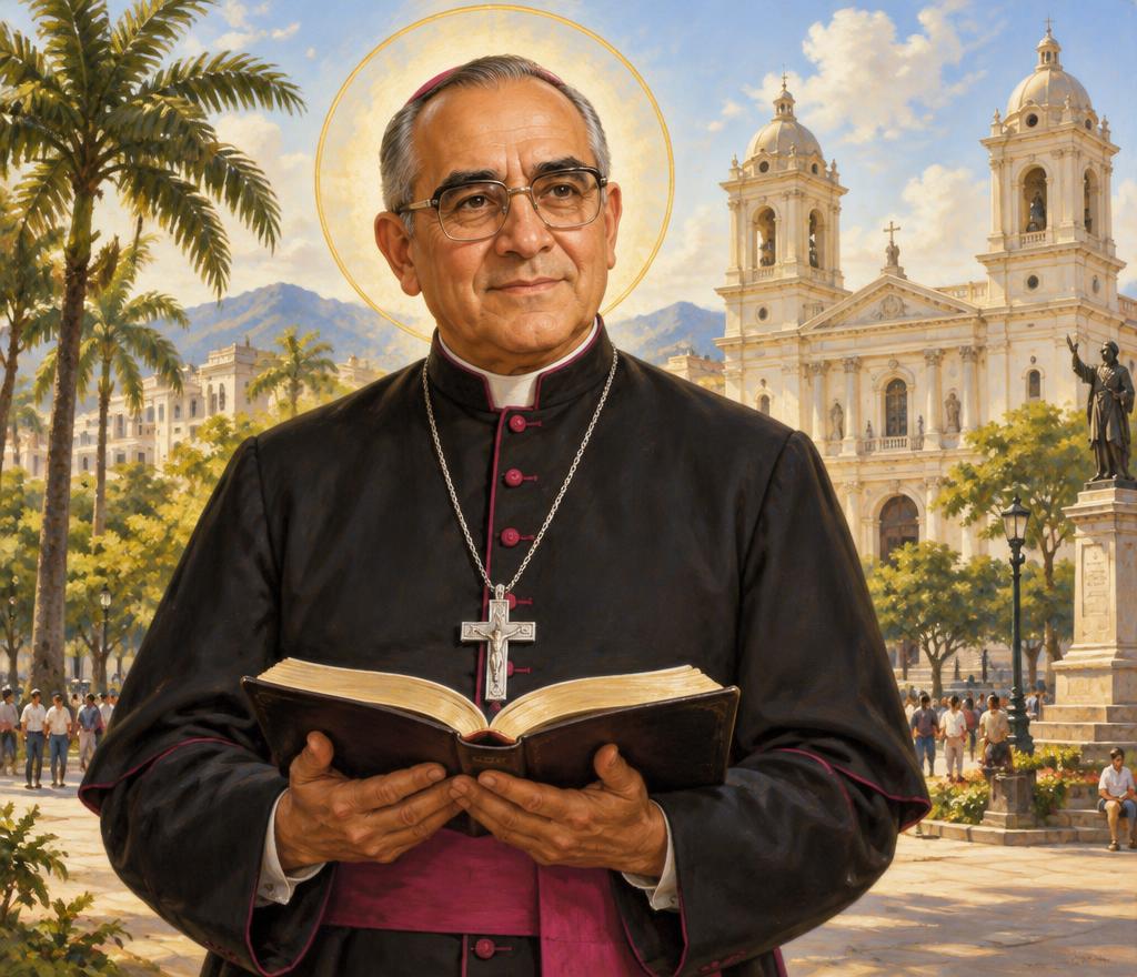 Saint Oscar Romero wearing glasses and a pectoral cross, holding an open Bible in a sunlit cathedral square