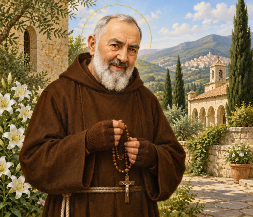 Saint Padre Pio in a brown Capuchin habit with fingerless hand coverings, holding a rosary in an Italian convent garden