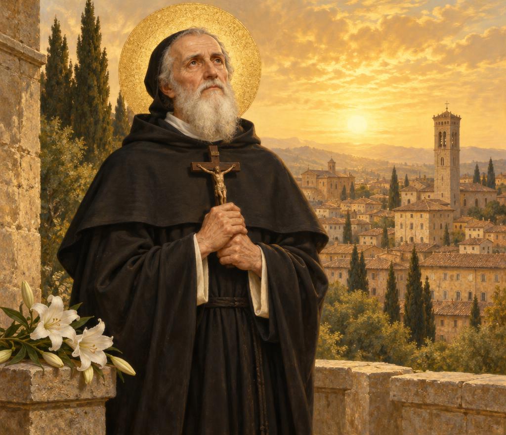 Saint Peregrine Laziosi in the black Servite habit and white wimple with a golden halo behind his head, his hands clasped at his chest holding a dark wooden crucifix, white lilies on a stone ledge beside him, and the rooftops and stone bell tower of Forlì behind him