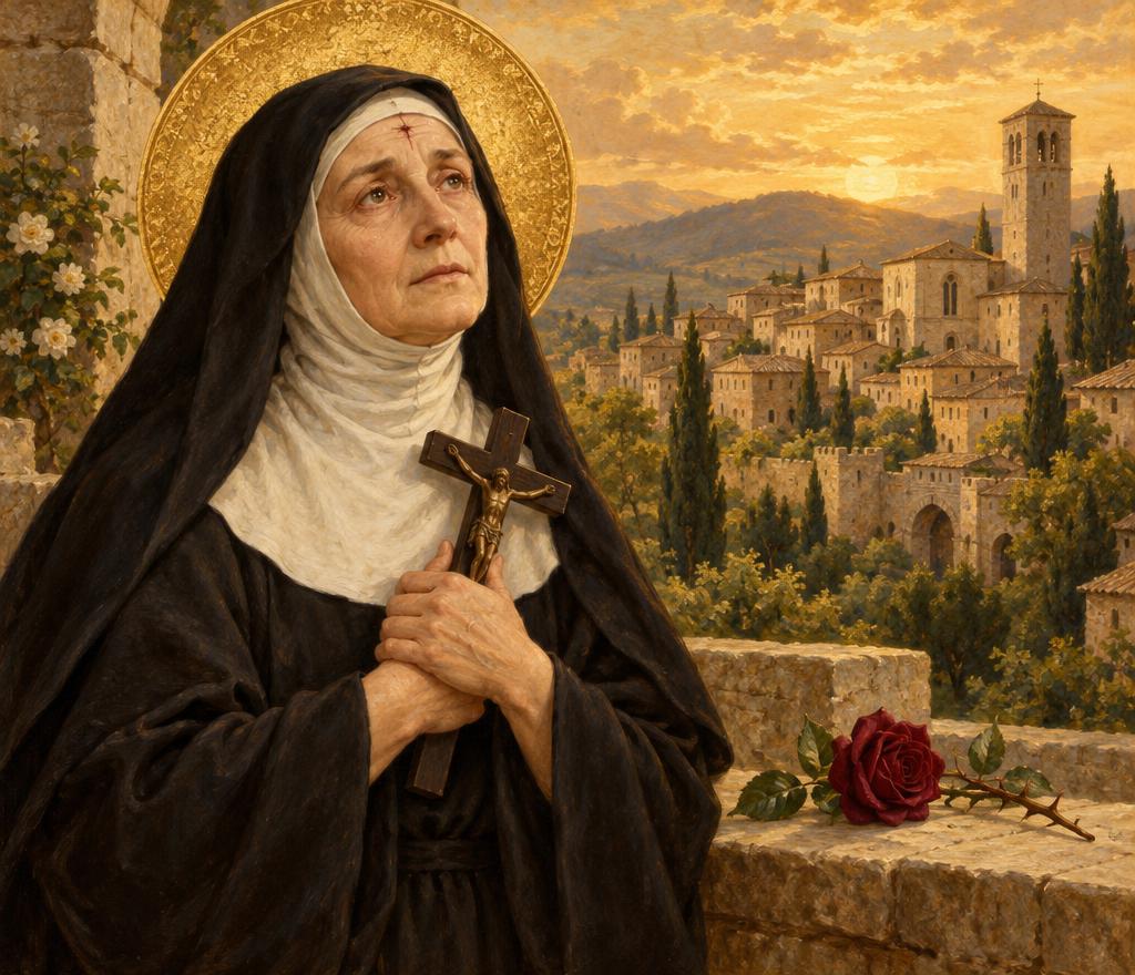 Saint Rita of Cascia in a black Augustinian habit and white wimple with a golden halo behind her head and a small wound on her forehead, her hands clasped at her chest holding a dark wooden crucifix, a deep red rose on a stone ledge beside her, and the rooftops and stone bell tower of Cascia behind her