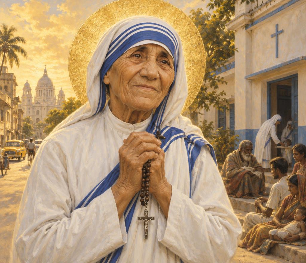 Saint Teresa of Calcutta in the white sari with three blue stripes of the Missionaries of Charity and a white head covering, a golden halo behind her head, her hands clasped at her chest holding a rosary with a crucifix, and a sunlit Kolkata street with simple buildings behind her