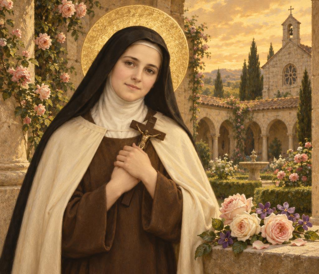 Saint Thérèse of Lisieux in a brown Carmelite tunic and scapular under a black mantle with a white wimple, a golden halo behind her head, her hands clasped at her chest holding a small dark wooden crucifix, pale roses and violets on a stone ledge beside her, and a sunlit cloister garden behind her
